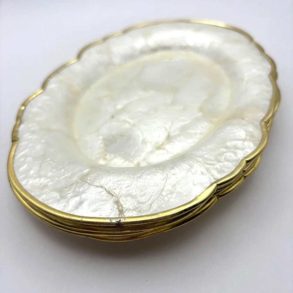 Vintage Mother of Pearl Capiz Shell Scalloped Gold Rim Oval Plates Set of 4